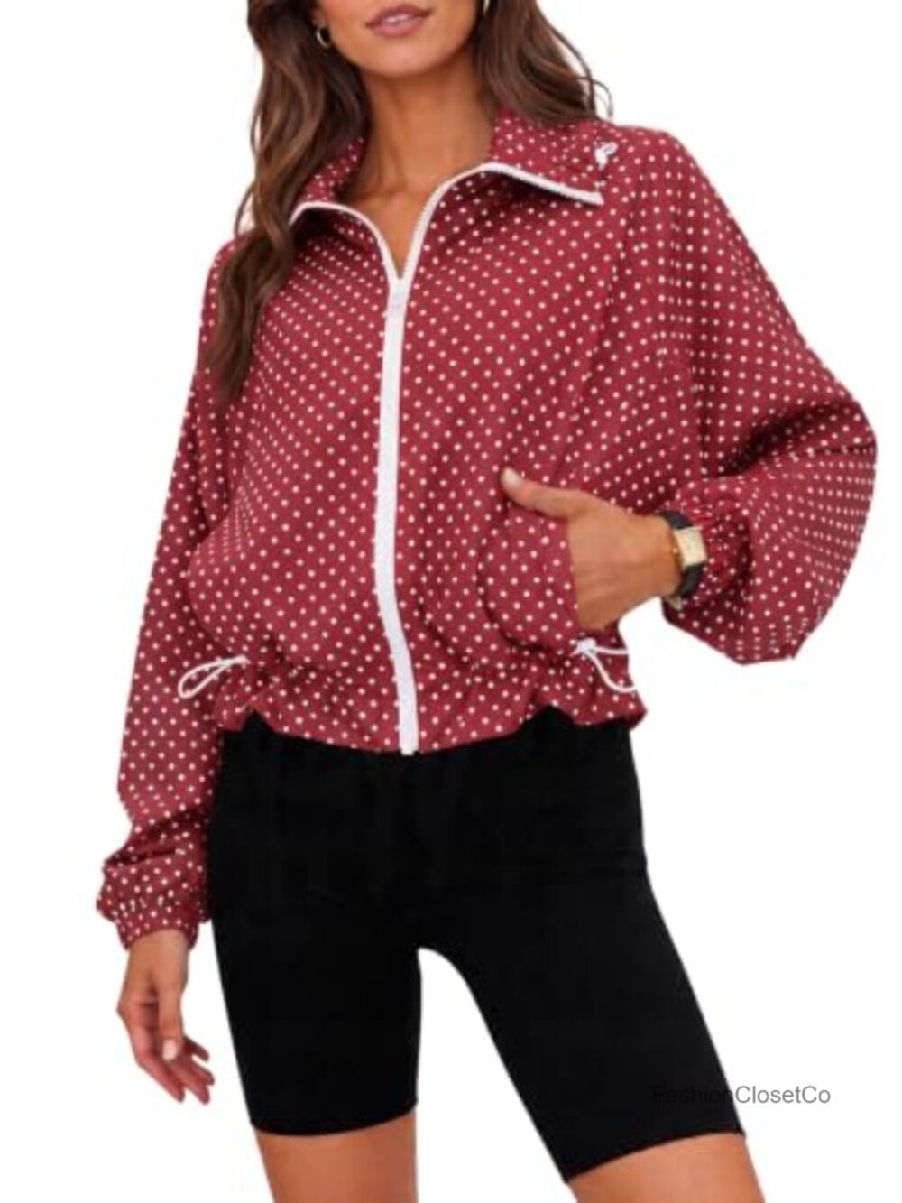 Womens Polka Dot Cropped Jacket Zip Up Oversized Casual Lightweight